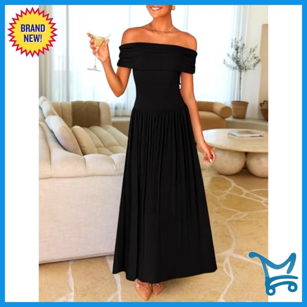 Off Shoulder Maxi Dress Sleeveless Slim Swing Pleated Formal Party Chic - Picture 2 of 7